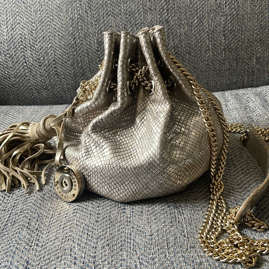 Henri Bendel Silver Gold Metallic Snakeskin Print Drawstring Chain Bag
